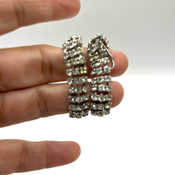 Rhinestone Hoop Earrings Linked 2” 3 Row Evening Elegant Earrings Vintage - Picture 11 of 12